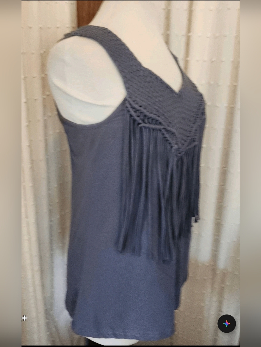 T16 Fringed Woven Yoke Western Tank Top w lace inset back - Slate Blue - Picture 4 of 8